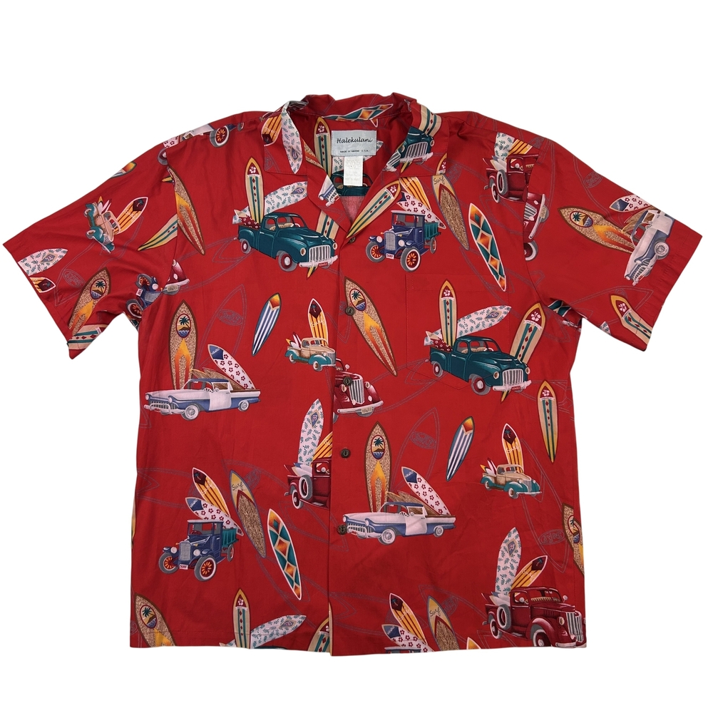 Halekulani Shirt Mens XL Hawaii Surf Cars Trucks Novelty Print Made in USA Aloha